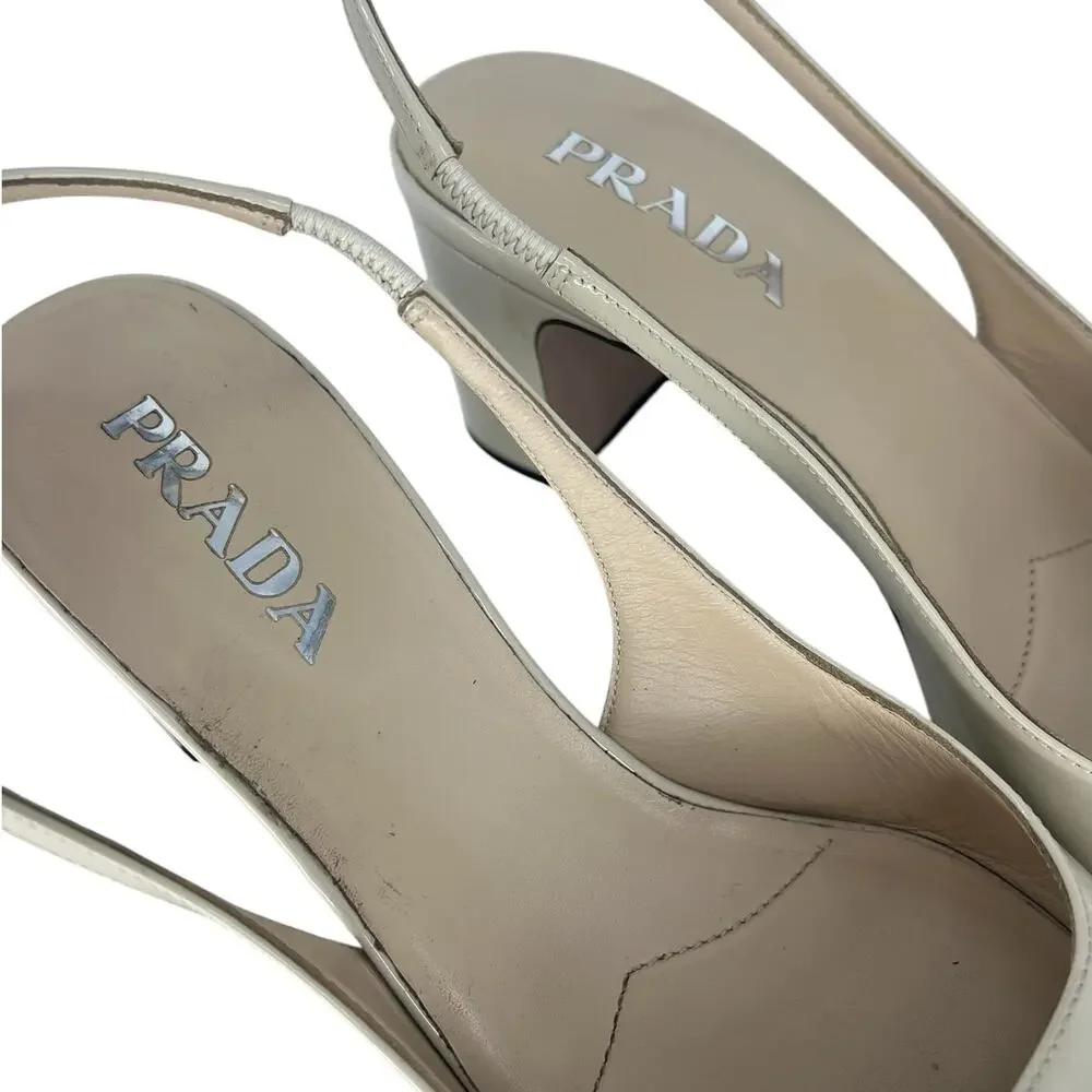 Prada Triangle Logo Patent Leather Slingback Pumps Ivory 40 - Picture 10 of 15
